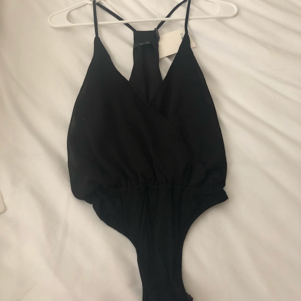 Black low cut v-neck bodysuit
